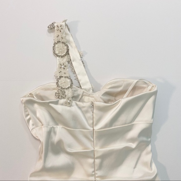 Cache Ivory Pearl Ruched Dress Satin Single Strap Beaded Bridal Engagement Sz 4 - Picture 7 of 8